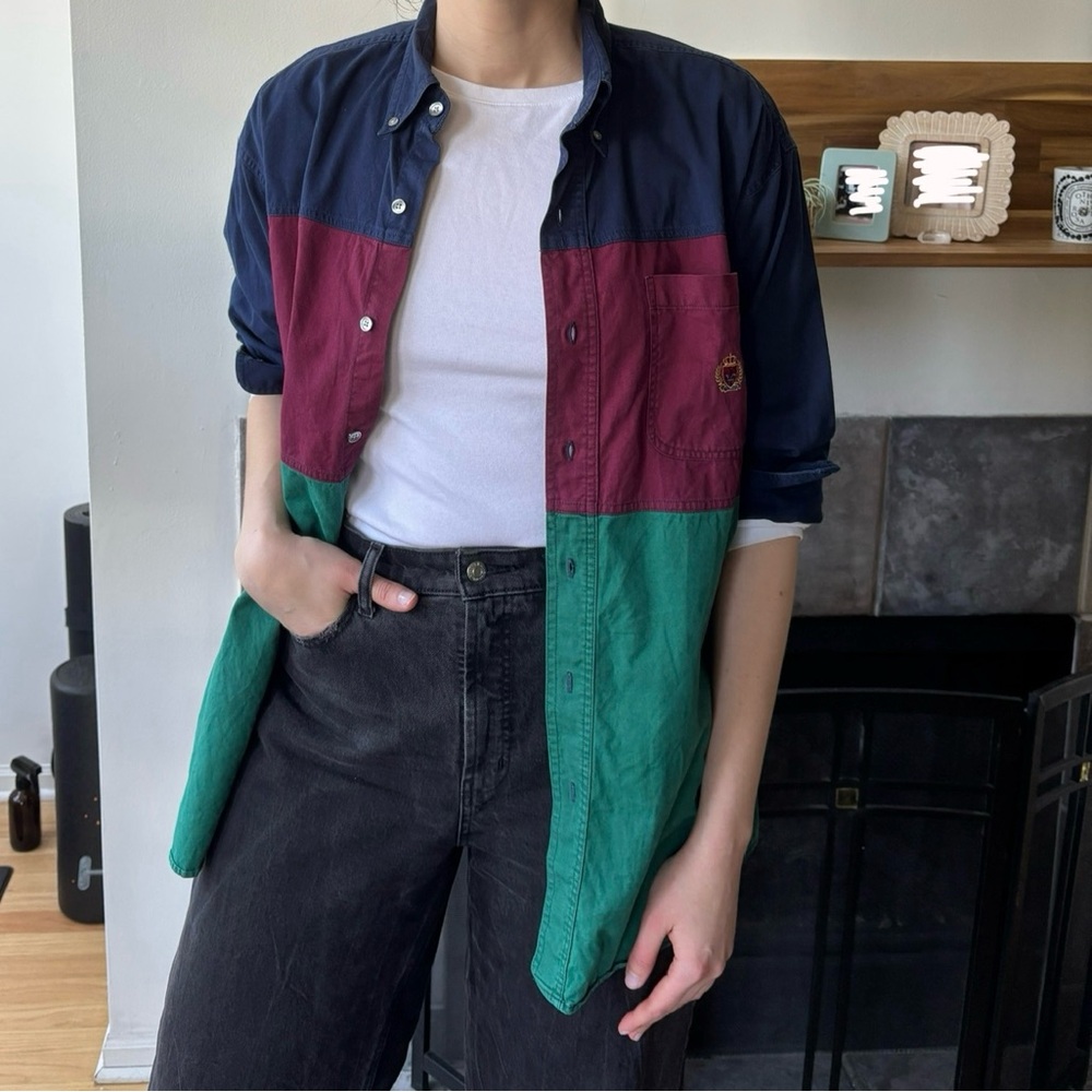 Vintage John Ashford Sport Coloblock Button Down Shirt Layering Top Retro Over
